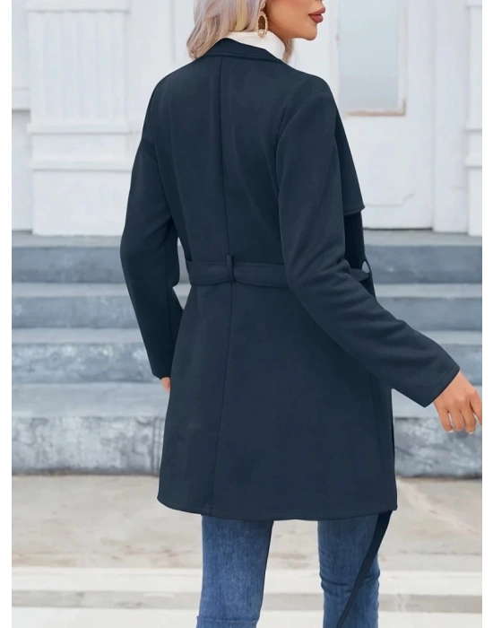 Kadın Uzun Kollu Boyundan Düğmeli Fermuarlı Beli Kuşaklı Süet Ceket