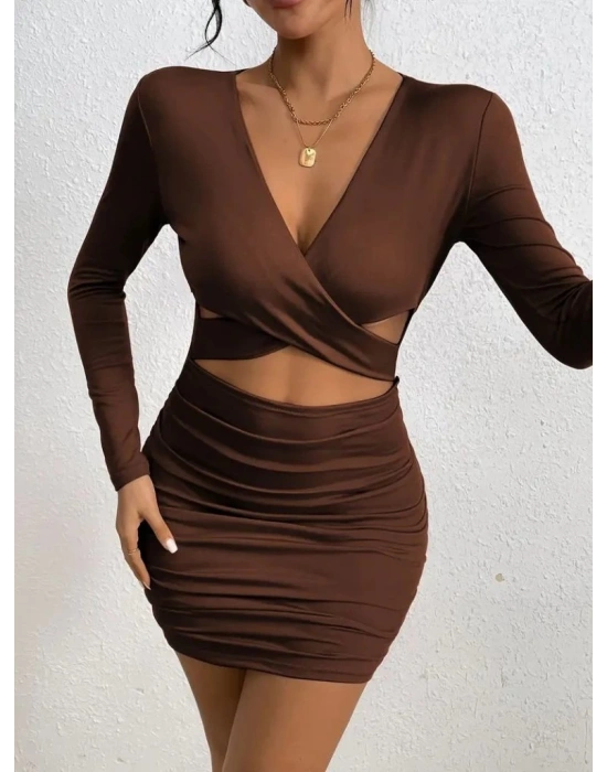 Kadın Uzun Kollu çapraz Dekolte Detaylı Mini Sandy Elbise