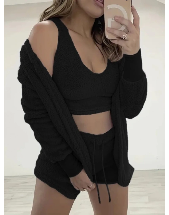 Kadın Uzun Kollu Ceket, Askılı Peluş Bluz Ve şort üçlü Takım