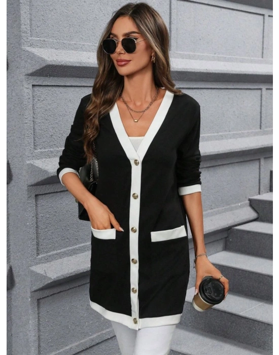 Kadın Uzun Kollu Cepli önden Düğmeli Uzun Modal Ceket Hırka