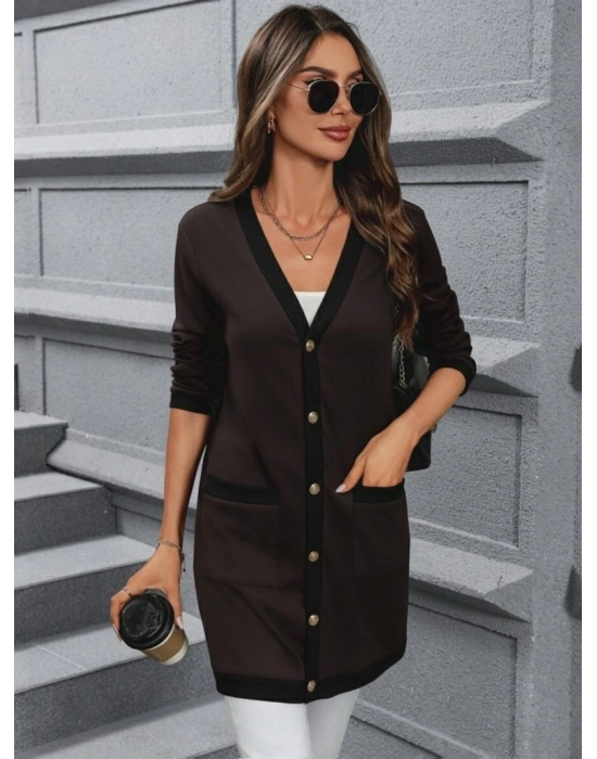 Kadın Uzun Kollu Cepli önden Düğmeli Uzun Modal Ceket Hırka