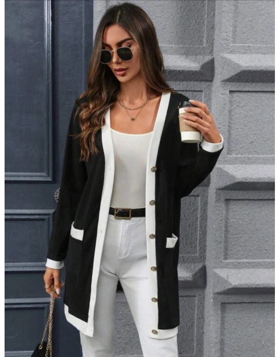 Kadın Uzun Kollu Cepli önden Düğmeli Uzun Modal Ceket Hırka