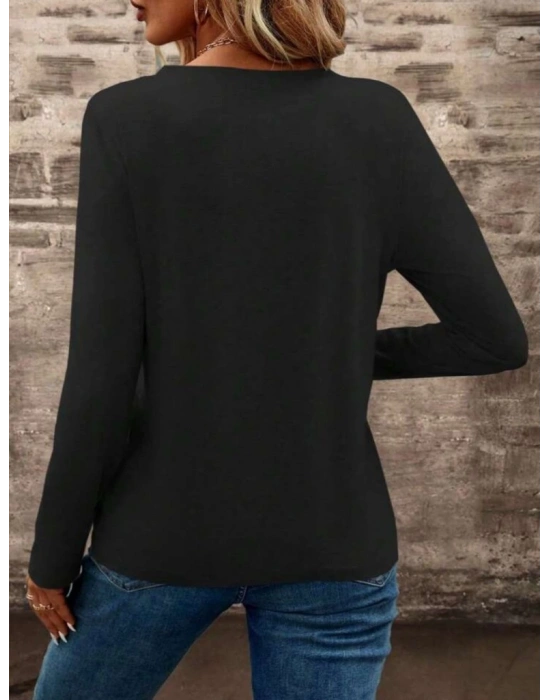 Kadın Uzun Kollu Cepli V Yakalı Viskon Iki Iplik Bluz