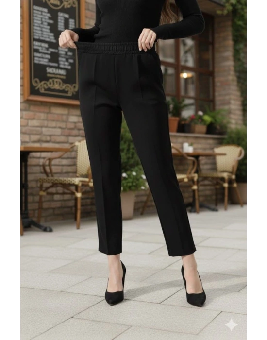 Kadın Uzun Kollu Dalıç Kumaş Cep Detay Beli Lastikli ütüsüz Pantolon