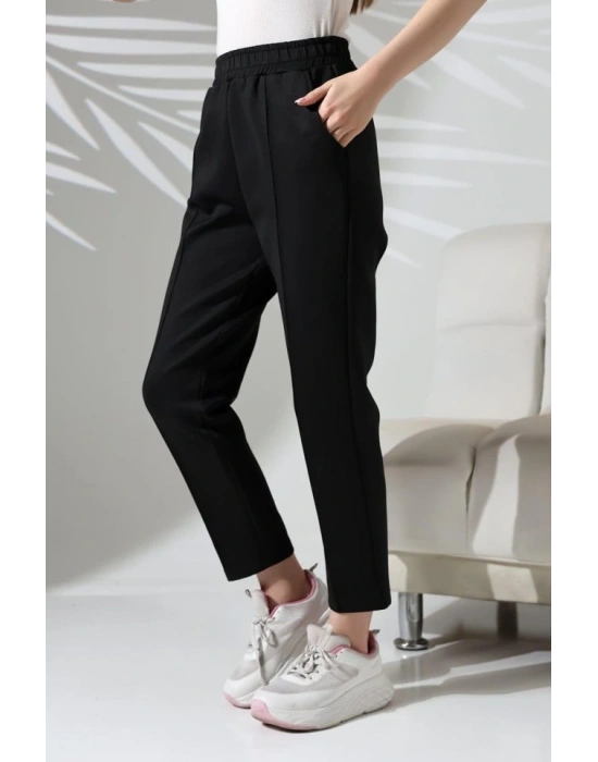 Kadın Uzun Kollu Dalıç Kumaş Cep Detay Beli Lastikli ütüsüz Pantolon