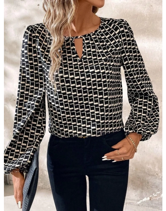 Kadın Uzun Kollu Damla Detaylı Yaka Desenli Süprem Bluz