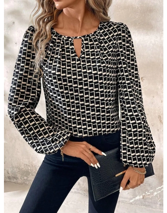 Kadın Uzun Kollu Damla Detaylı Yaka Desenli Süprem Bluz