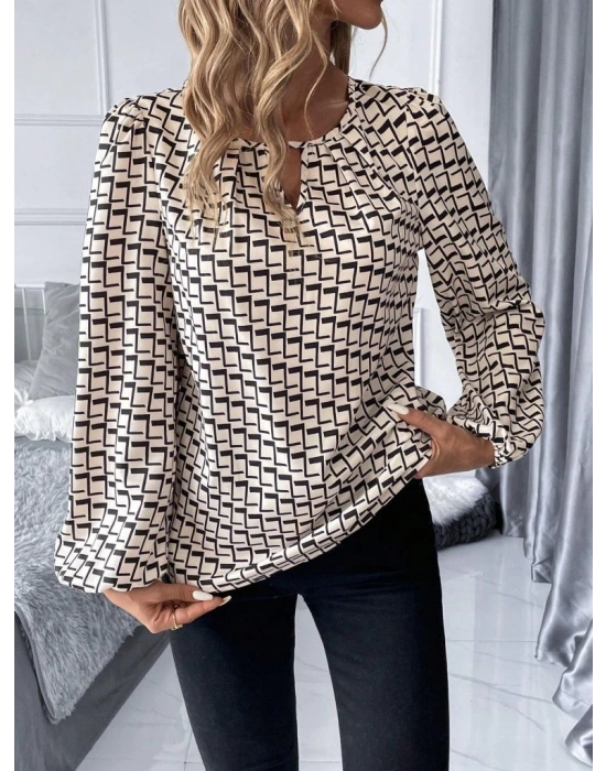 Kadın Uzun Kollu Damla Detaylı Yaka Desenli Süprem Bluz