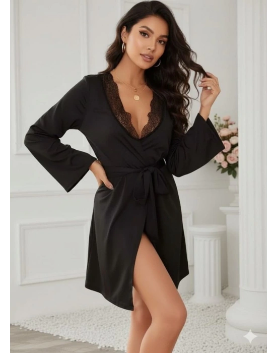 Kadın Uzun Kollu Dantel Yakalı Belden Kuşaklı Viskon Gecelik