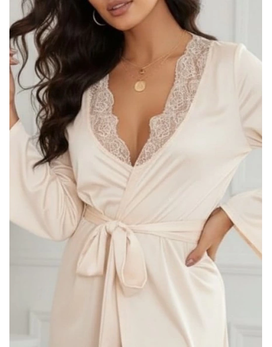 Kadın Uzun Kollu Dantel Yakalı Belden Kuşaklı Viskon Gecelik