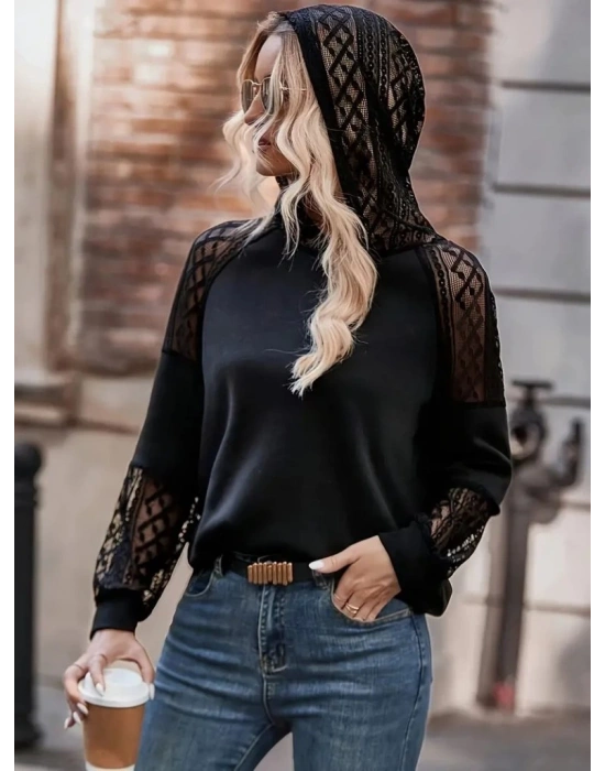 Kadın Uzun Kollu Dantelli Kapşonlu Viskon Iki Iplik Bluz