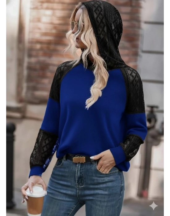 Kadın Uzun Kollu Dantelli Kapşonlu Viskon Iki Iplik Bluz