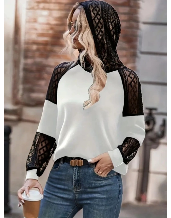 Kadın Uzun Kollu Dantelli Kapşonlu Viskon Iki Iplik Bluz