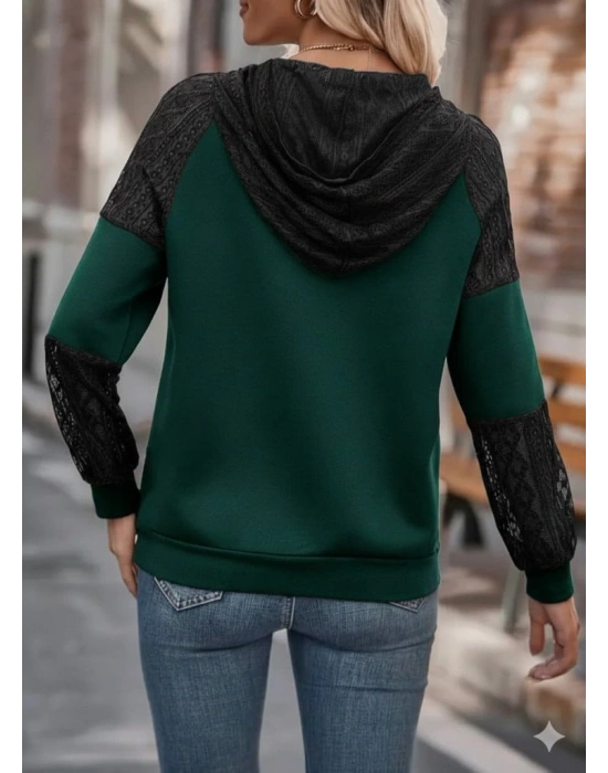 Kadın Uzun Kollu Dantelli Kapşonlu Viskon Iki Iplik Bluz