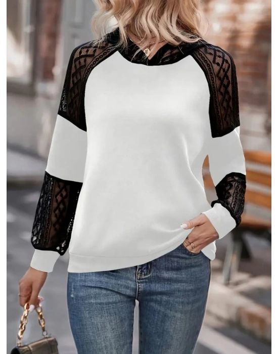 Kadın Uzun Kollu Dantelli Kapşonlu Viskon Iki Iplik Bluz