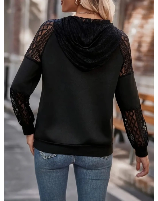 Kadın Uzun Kollu Dantelli Kapşonlu Viskon Iki Iplik Bluz