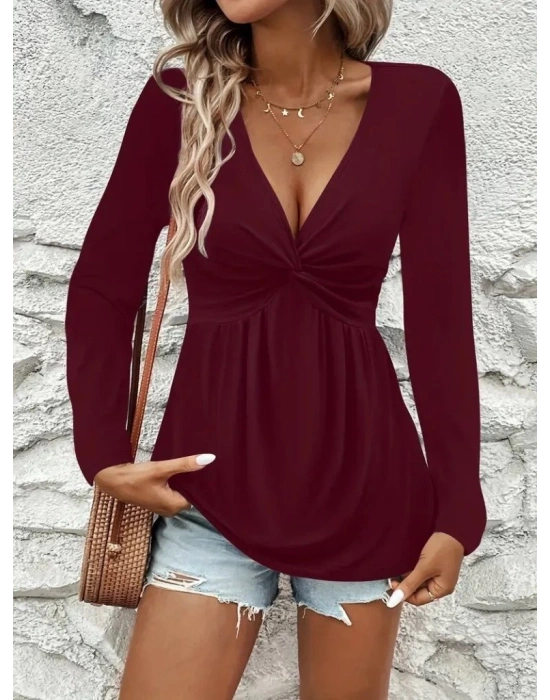 Kadın Uzun Kollu Dekolteli Sarmal Detaylı Viskon Bluz