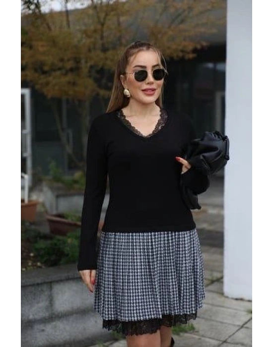 Kadın Uzun Kollu Denteli Yaka Ekose Etek Detay Diz üstü Elbise