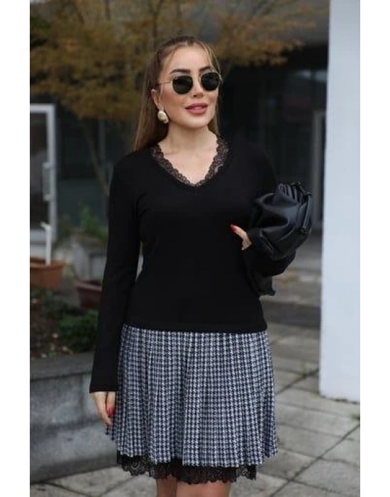 Kadın Uzun Kollu Denteli Yaka Ekose Etek Detay Diz üstü Elbise