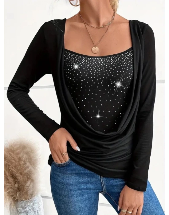 Kadın Uzun Kollu Derin Degaje Yakalı Taşlı Sandy Bluz