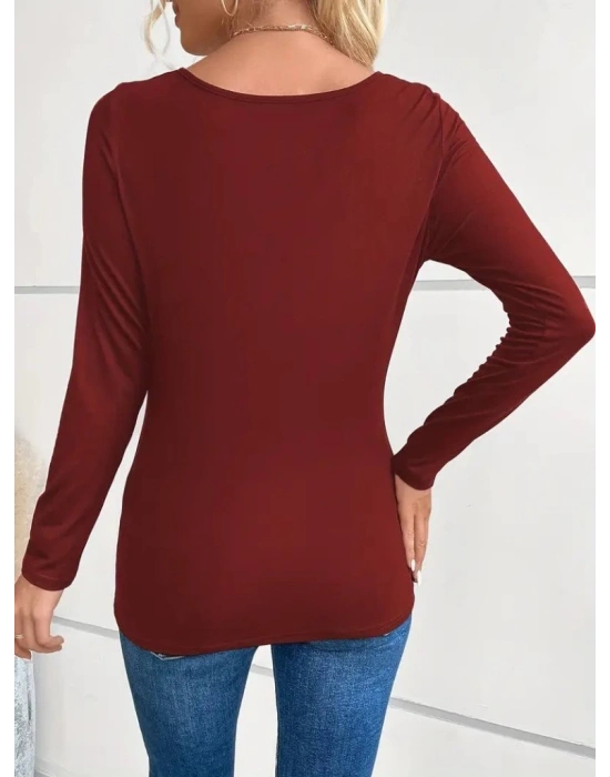 Kadın Uzun Kollu Derin Degaje Yakalı Taşlı Sandy Bluz