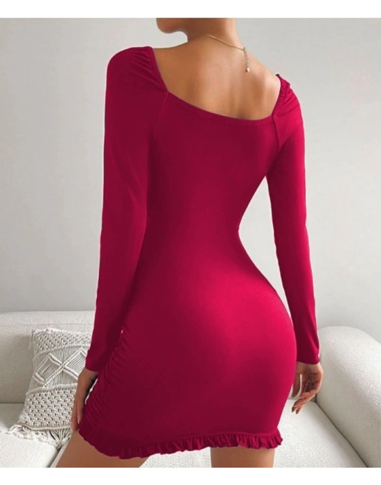 Kadın Uzun Kollu Derin V Yaka Göğüs Altı Dekolte Detay Etek Ucu Fırfırlı Sandy Mini Boy Elbise