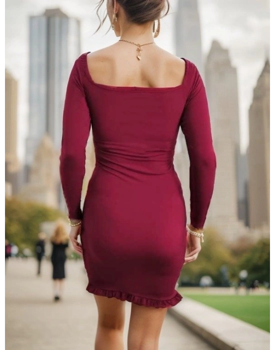 Kadın Uzun Kollu Derin V Yaka Göğüs Altı Dekolte Detay Etek Ucu Fırfırlı Sandy Mini Boy Elbise