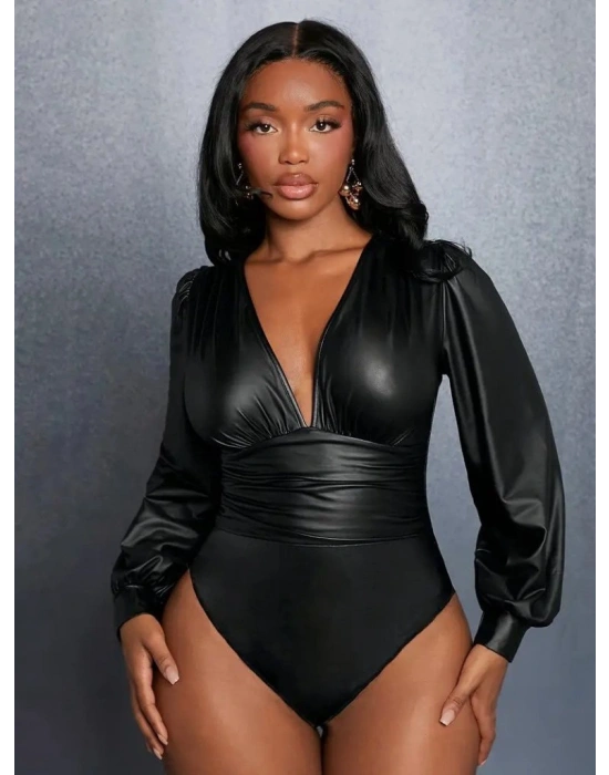 Kadın Uzun Kollu Derin V Yakalı Deri Zıbın