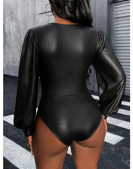 Kadın Uzun Kollu Derin V Yakalı Deri Zıbın