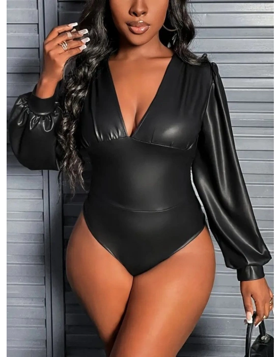 Kadın Uzun Kollu Derin V Yakalı Deri Zıbın