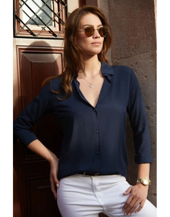 Kadın Uzun Kollu Dokuma Kumaş Klasik Gömlek