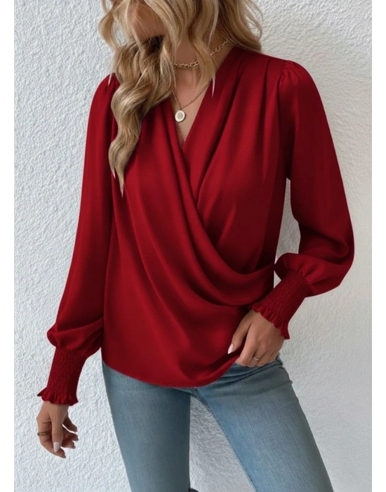 Kadın Uzun Kollu Dökümlü Kruvaze Yaka Kol Ucu Gipeli Sandy Bluz