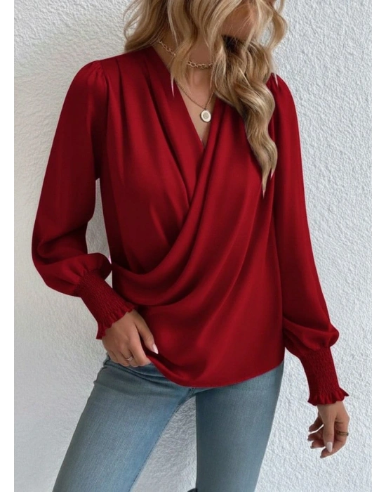 Kadın Uzun Kollu Dökümlü Kruvaze Yaka Kol Ucu Gipeli Sandy Bluz
