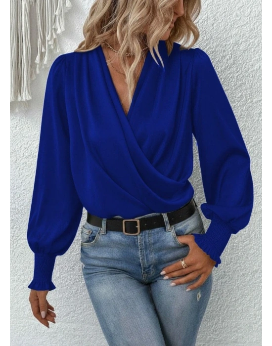 Kadın Uzun Kollu Dökümlü Kruvaze Yaka Kol Ucu Gipeli Sandy Lacivert Bluz