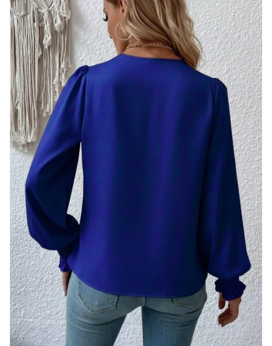 Kadın Uzun Kollu Dökümlü Kruvaze Yaka Kol Ucu Gipeli Sandy Lacivert Bluz