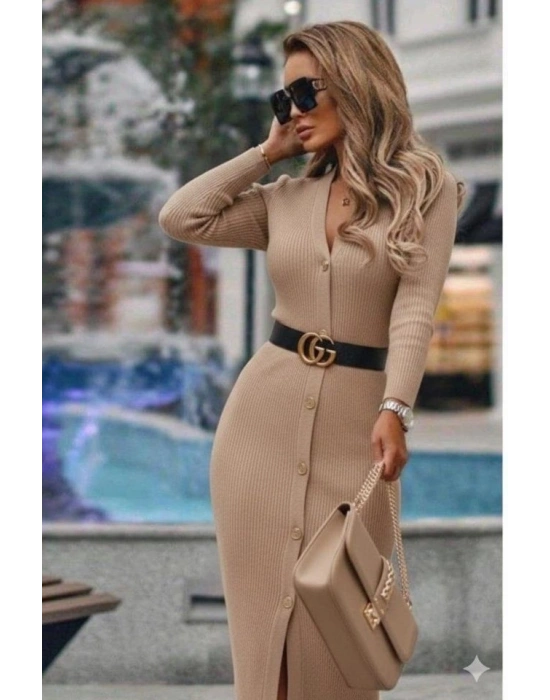 Kadın Uzun Kollu Düğme Detay örme Kaşkorse Kumaş Kemer Dahil Maxi Boy Elbise