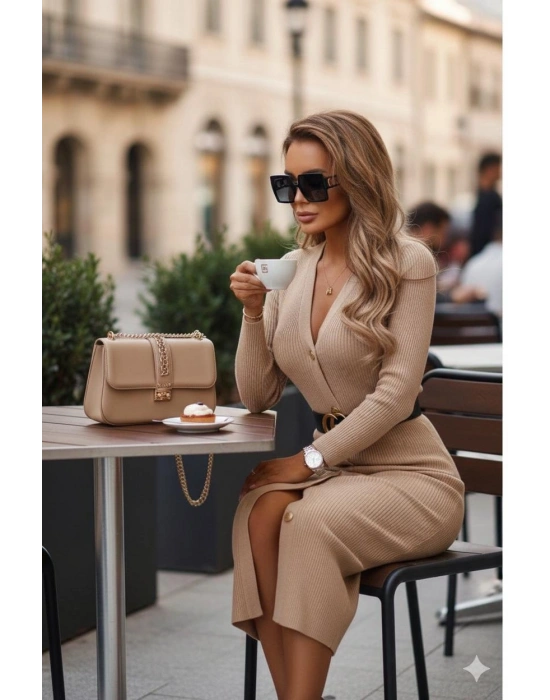 Kadın Uzun Kollu Düğme Detay örme Kaşkorse Kumaş Kemer Dahil Maxi Boy Elbise