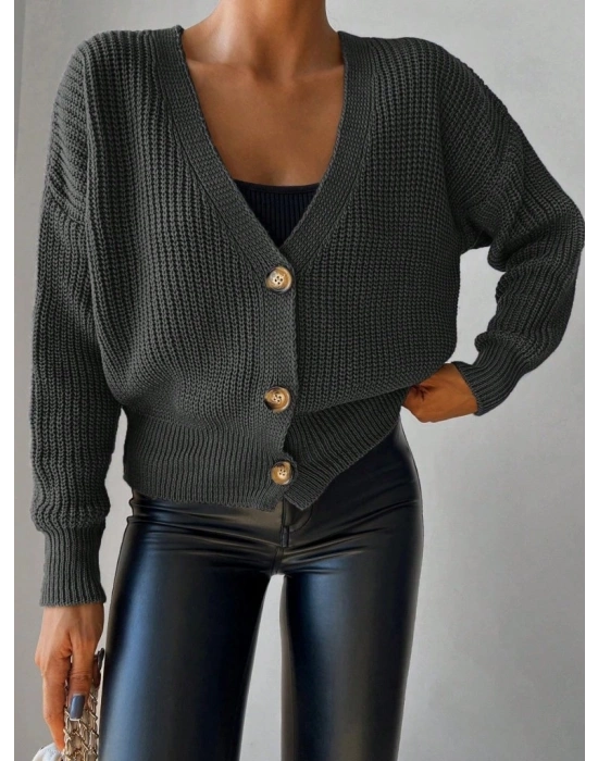 Kadın Uzun Kollu Düğme Detay Triko Bluz