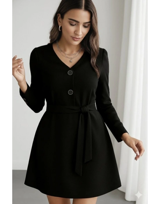 Kadın Uzun Kollu Düğme Detaylı Kendinden Kemerli Ithal Krep Elbise