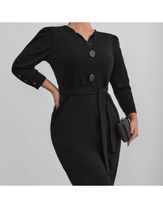 Kadın Uzun Kollu Düğme Detaylı Kendinden Kemerli Ithal Krep Elbise