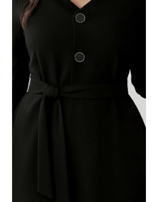 Kadın Uzun Kollu Düğme Detaylı Kendinden Kemerli Ithal Krep Elbise