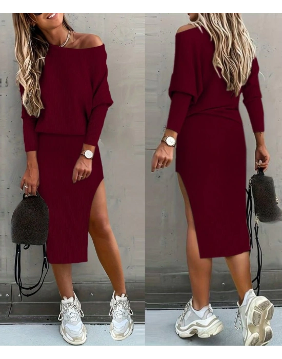 Kadın Uzun Kollu Düşük Omuz Yırtmaç Detay Kaşkorse Etek Bluz Ikili Takım