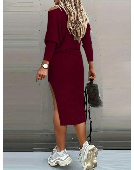 Kadın Uzun Kollu Düşük Omuz Yırtmaç Detay Kaşkorse Etek Bluz Ikili Takım