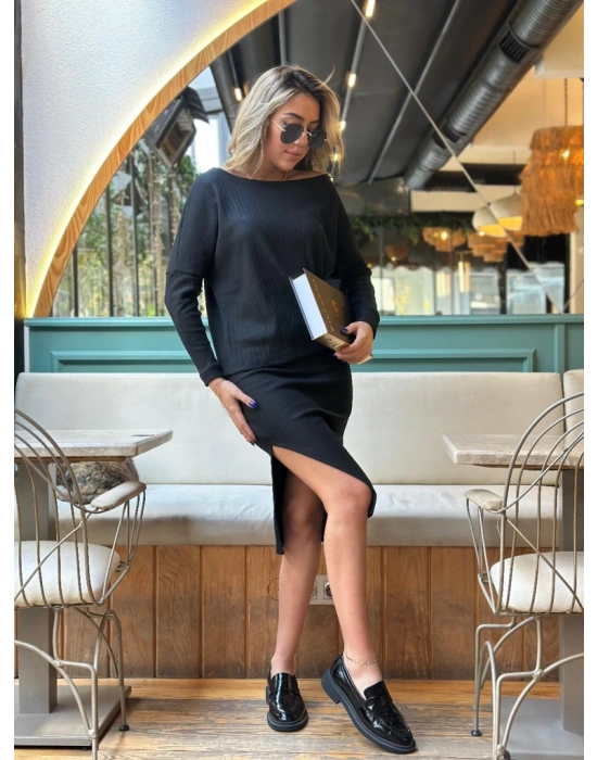 Kadın Uzun Kollu Düşük Omuz Yırtmaç Detay Kaşkorse Etek Bluz Ikili Takım