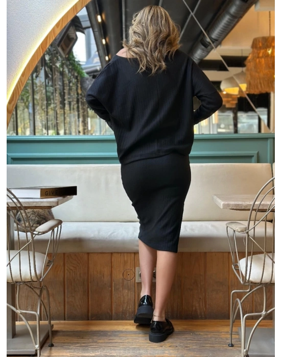 Kadın Uzun Kollu Düşük Omuz Yırtmaç Detay Kaşkorse Etek Bluz Ikili Takım