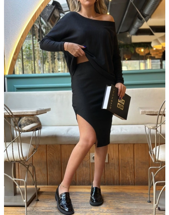 Kadın Uzun Kollu Düşük Omuz Yırtmaç Detay Kaşkorse Etek Bluz Ikili Takım