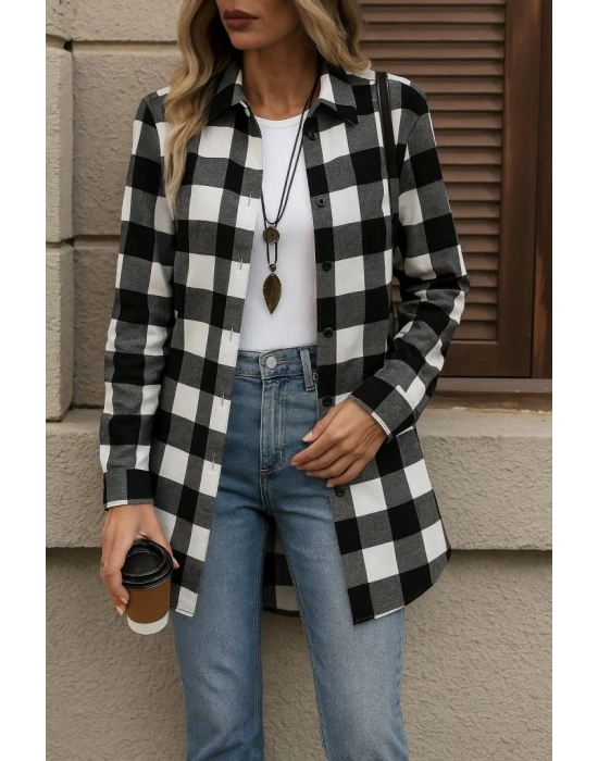 Kadın Uzun Kollu Ekoseli önden Düğmeli Dokuma Uzun Gömlek