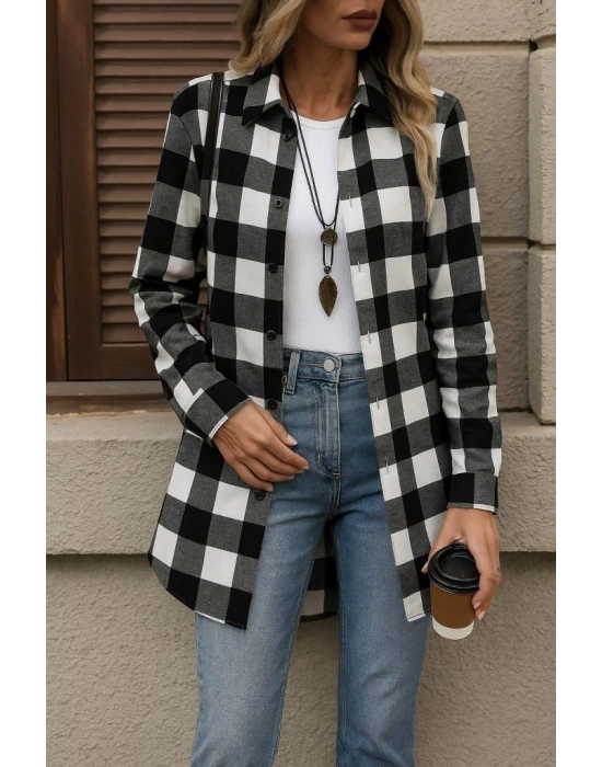 Kadın Uzun Kollu Ekoseli önden Düğmeli Dokuma Uzun Gömlek