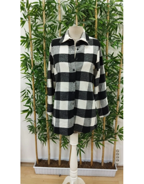 Kadın Uzun Kollu Ekoseli önden Düğmeli Dokuma Uzun Gömlek