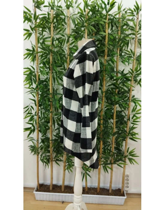 Kadın Uzun Kollu Ekoseli önden Düğmeli Dokuma Uzun Gömlek